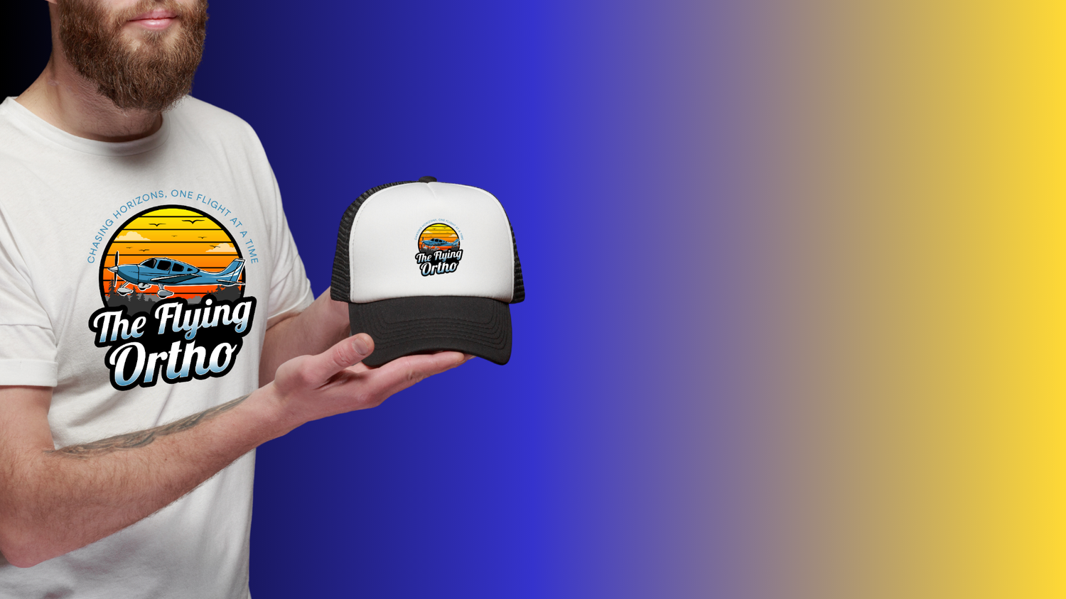 Person holding a cap with a logo on a blue and yellow gradient background